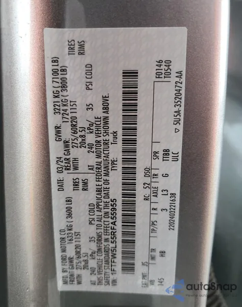 2024 Ford F150 Lariat z USA, uszkodzony, nr VIN 1FTFW5L55RFA55955